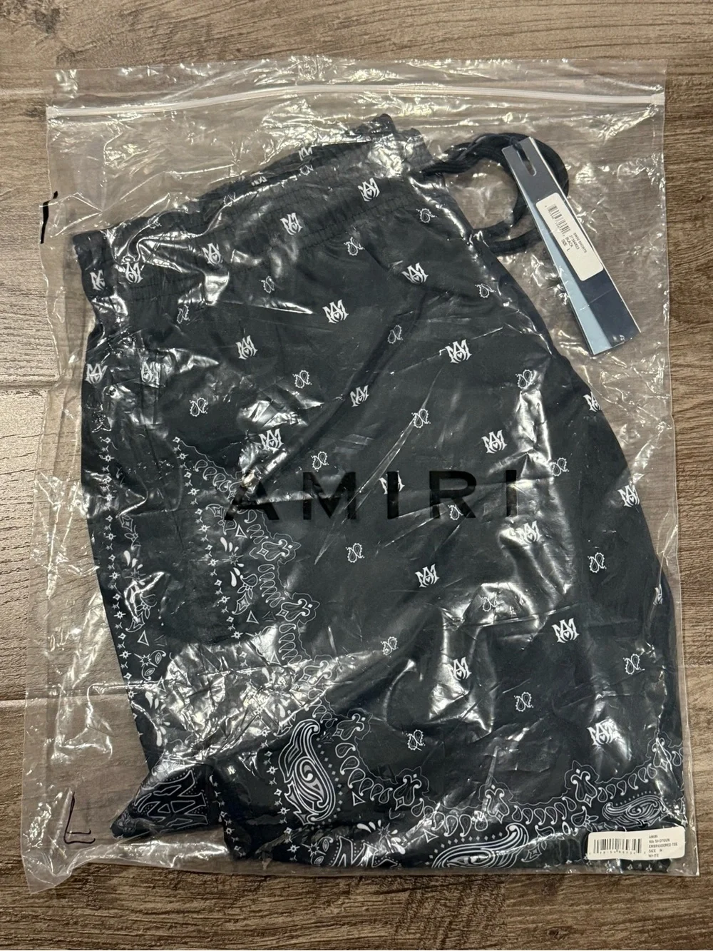 Amiri Black Bandana Paisley Monogram Print Mens Swim Trunks